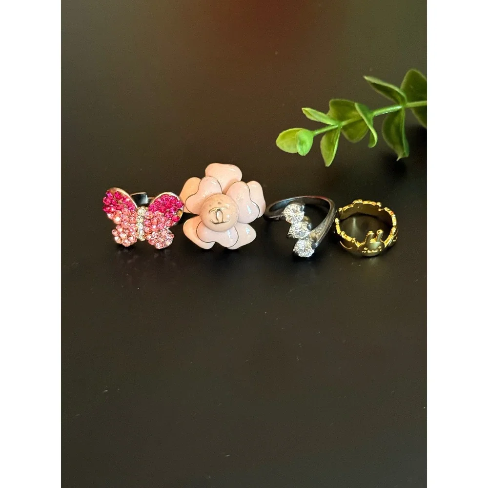 Fashion Ring Set 4pc Pink Camellia Butterfly Gold Character Crystal Bypass Rings